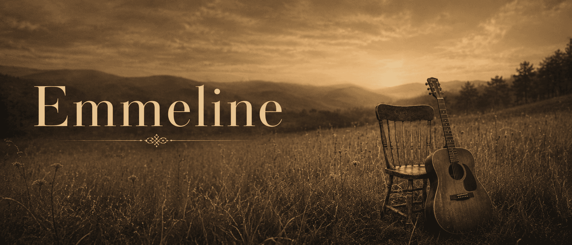 A sepia Appalachian field with an empty wooden chair and guitar